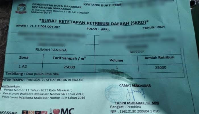 Nota retribusi pembayaran iuran sampah Makassar