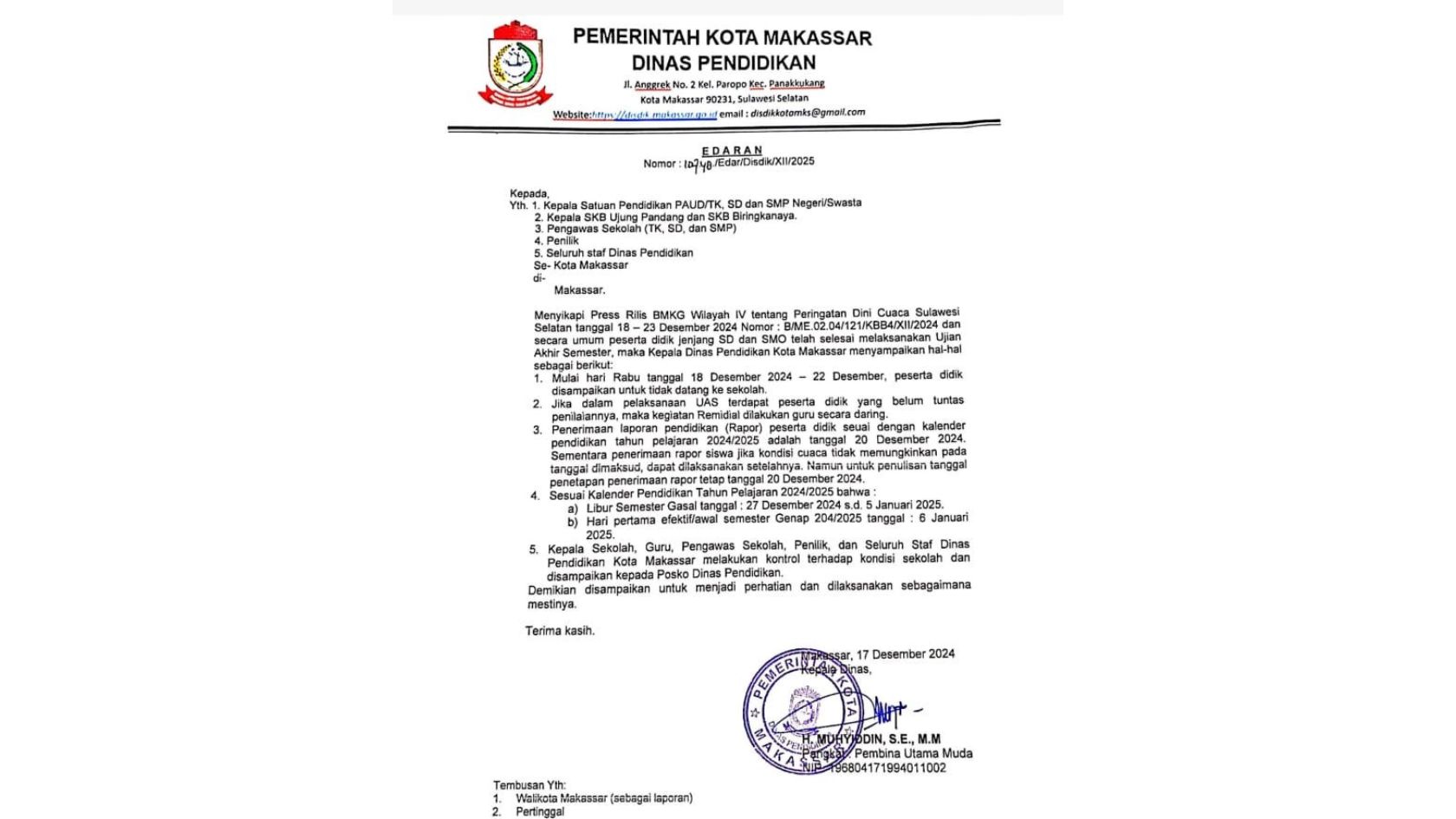 Surat edaran pemerintah kota makassar terkait peringatan dini 18-22 desember 2024