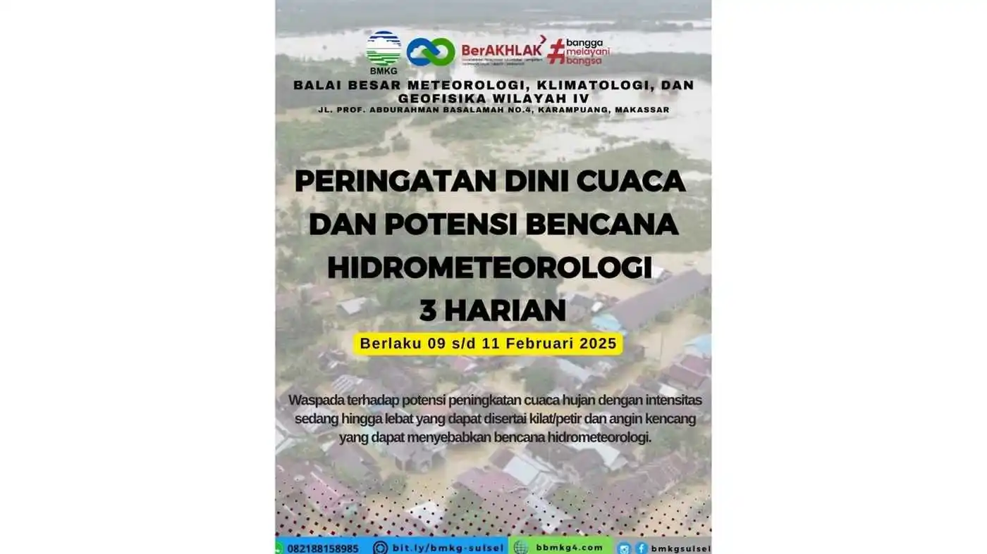 Peringatan Dini Cuaca di Sulawesi Selatan 9 hingga 11 Februari: Hujan Lebat dan Angin Kencang Berpotensi Picu Banjir dan Longsor