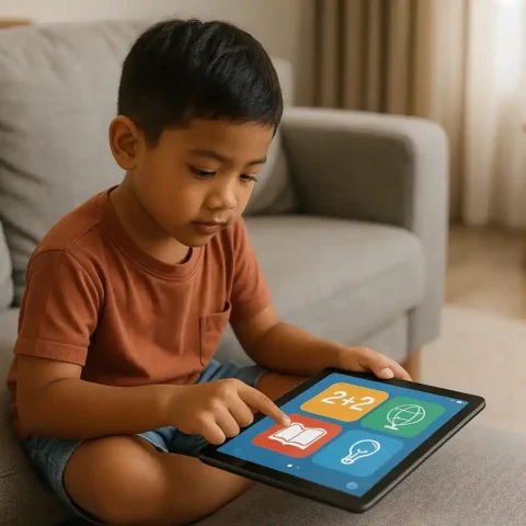 Aplikasi AI untuk Anak Membantu Belajar Lebih Cerdas dan Menyenangkan 25 Anak Indonesia belajar berhitung menggunakan aplikasi AI di tablet saat duduk di ruang keluarga