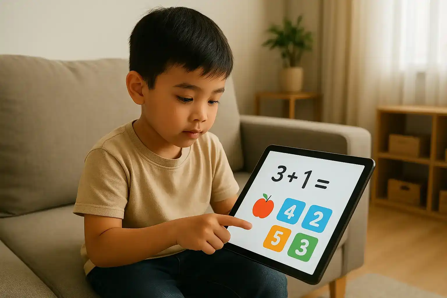 Anak Indonesia menggunakan aplikasi edukasi AI di tablet untuk belajar matematika dasar di rumah