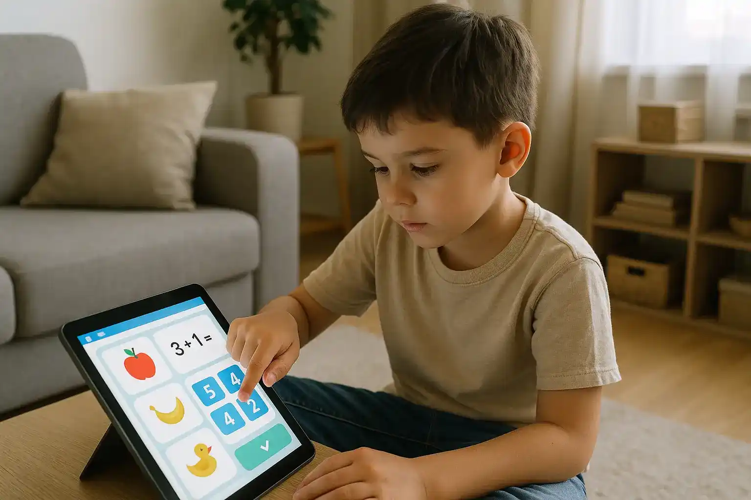 Anak memegang tablet dengan robot tutor AI mengajarkan matematika melalui gamifikasi soal 3+2