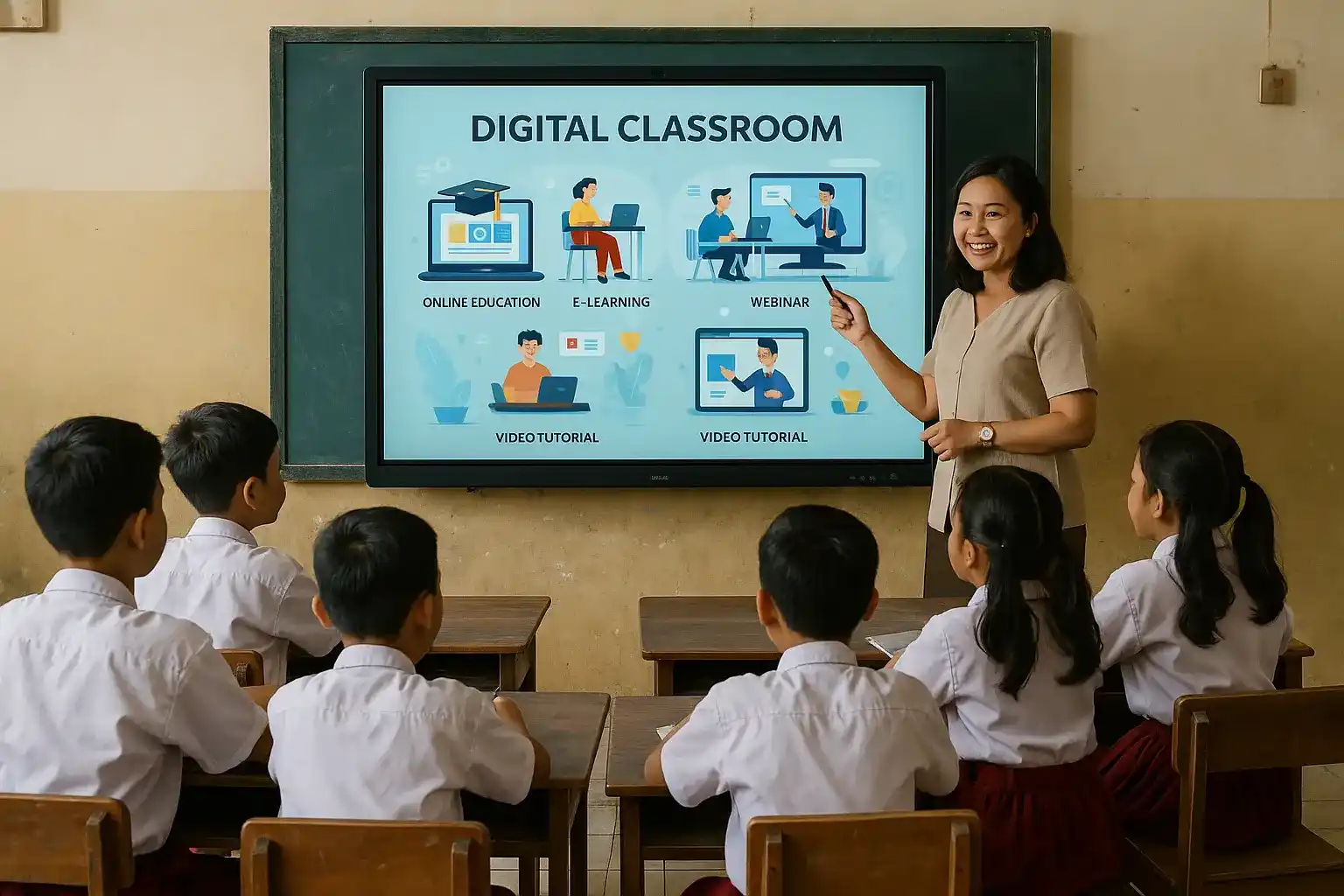 Guru di sekolah Indonesia menjelaskan materi di layar interaktif digital dengan siswa SD menyimak