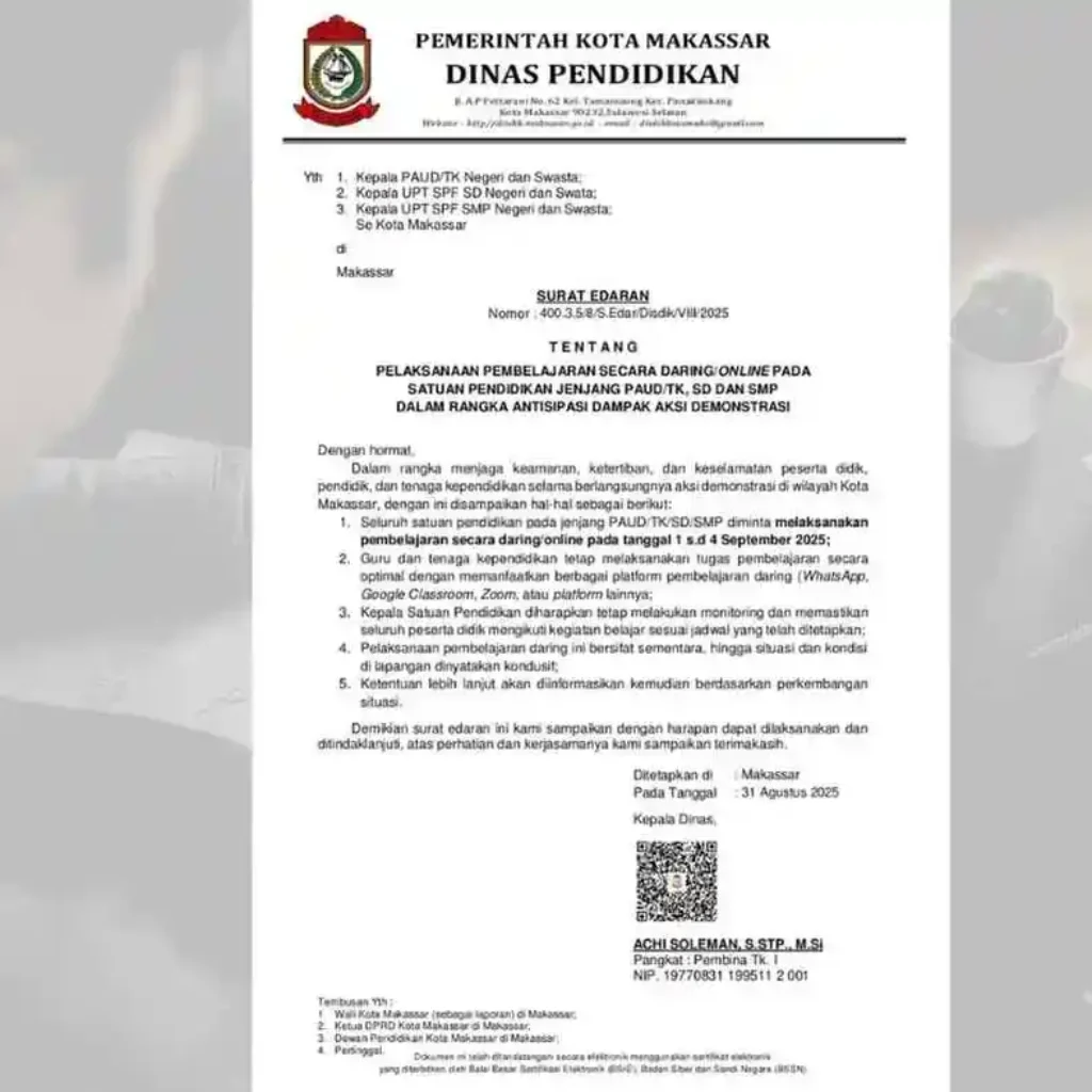Disdik Makassar Tetapkan Belajar Daring 1–4 September 2025