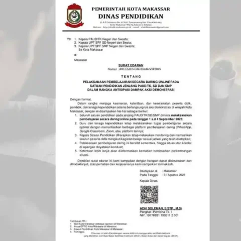 Disdik Makassar Tetapkan Belajar Daring 1–4 September 2025