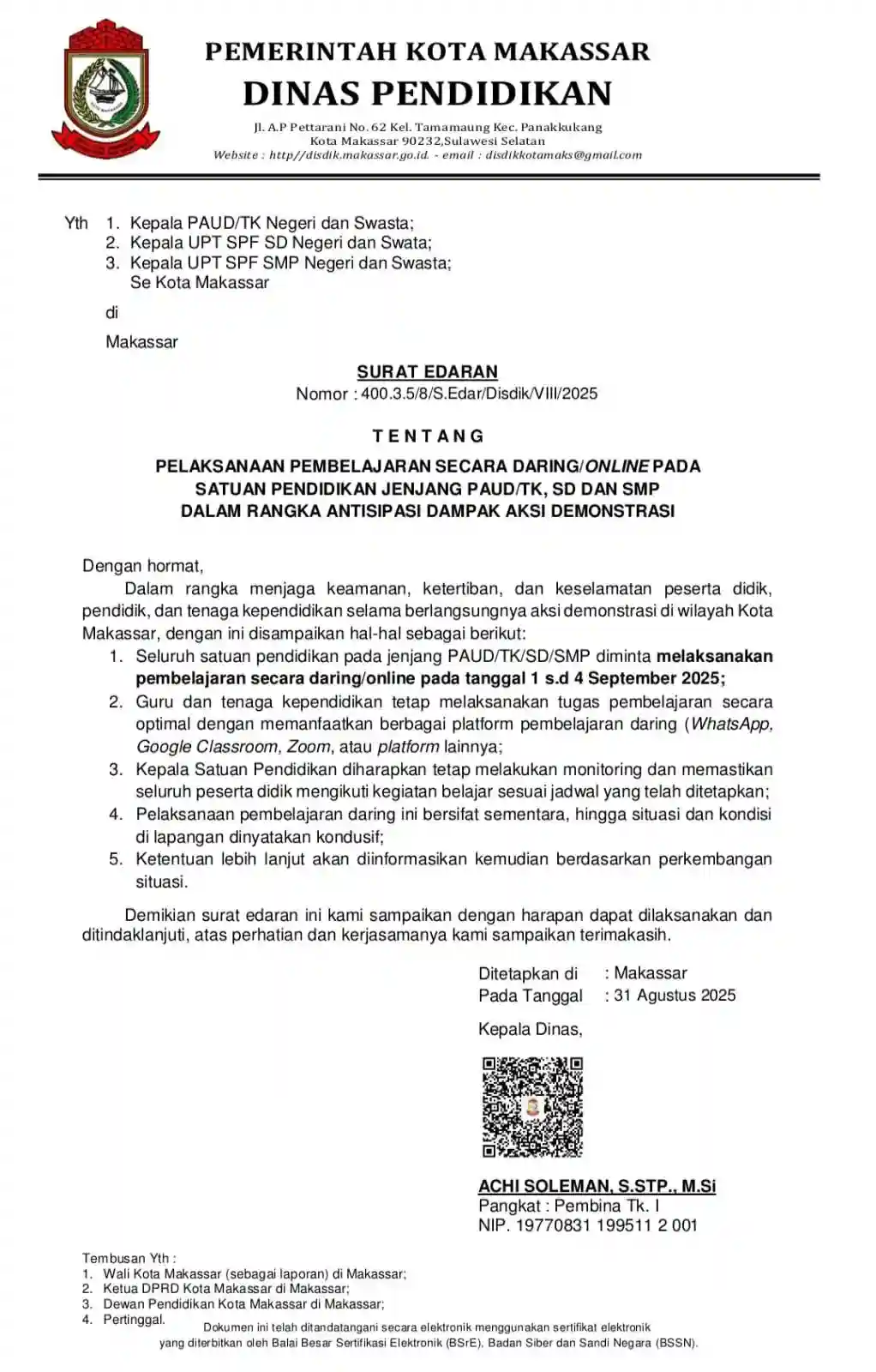 Disdik Makassar Tetapkan Belajar Daring 1–4 September 2025
