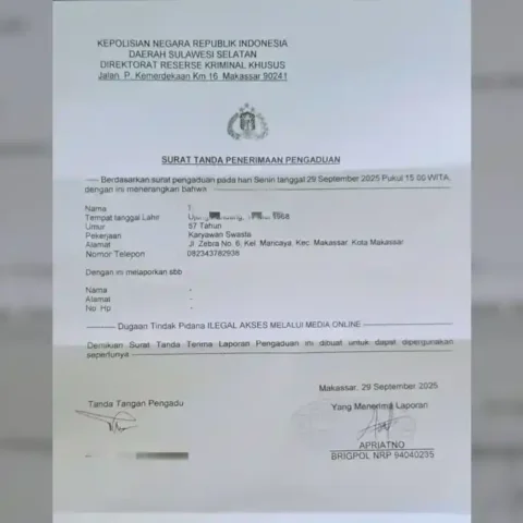 Kasus Pembajakan Akun di Makassar, Korban Minta Polisi Tindak Tegas Pelaku 17 Surat tanda penerimaan pengaduan kasus pembajakan akun online di Polda Sulsel 29 September 2025