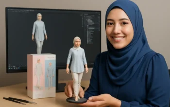 30 Prompt Gemini AI Miniatur Bikin Foto Lebih Keren 11 Perempuan berhijab biru memegang figur miniatur 3D yang menyerupai dirinya di studio, latar monitor 3D dan boks kemasan. Hasil prompt Gemini AI miniatur.