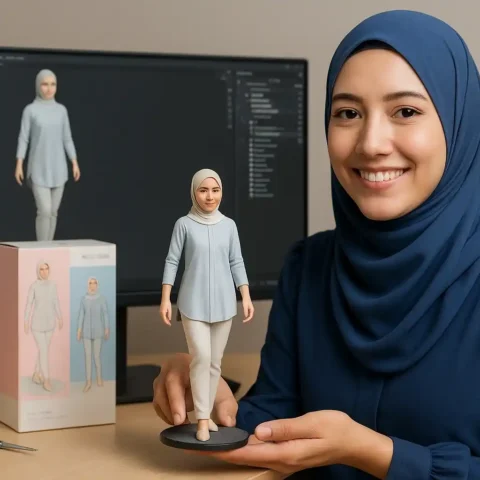 30 Prompt Gemini AI Miniatur Bikin Foto Lebih Keren 16 Perempuan berhijab biru memegang figur miniatur 3D yang menyerupai dirinya di studio, latar monitor 3D dan boks kemasan. Hasil prompt Gemini AI miniatur.