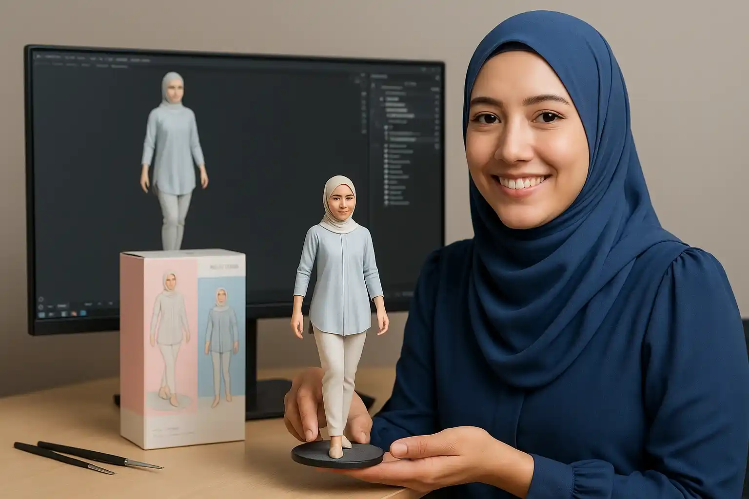 Perempuan berhijab biru memegang figur miniatur 3D yang menyerupai dirinya di studio, latar monitor 3D dan boks kemasan.
