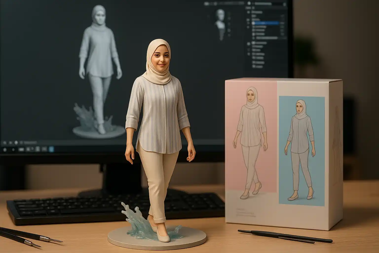 Figur perempuan berhijab dengan setelan kasual berdiri di atas base percikan air, latar monitor pemodelan 3D dan kemasan produk. Hasil prompt Gemini AI miniatur