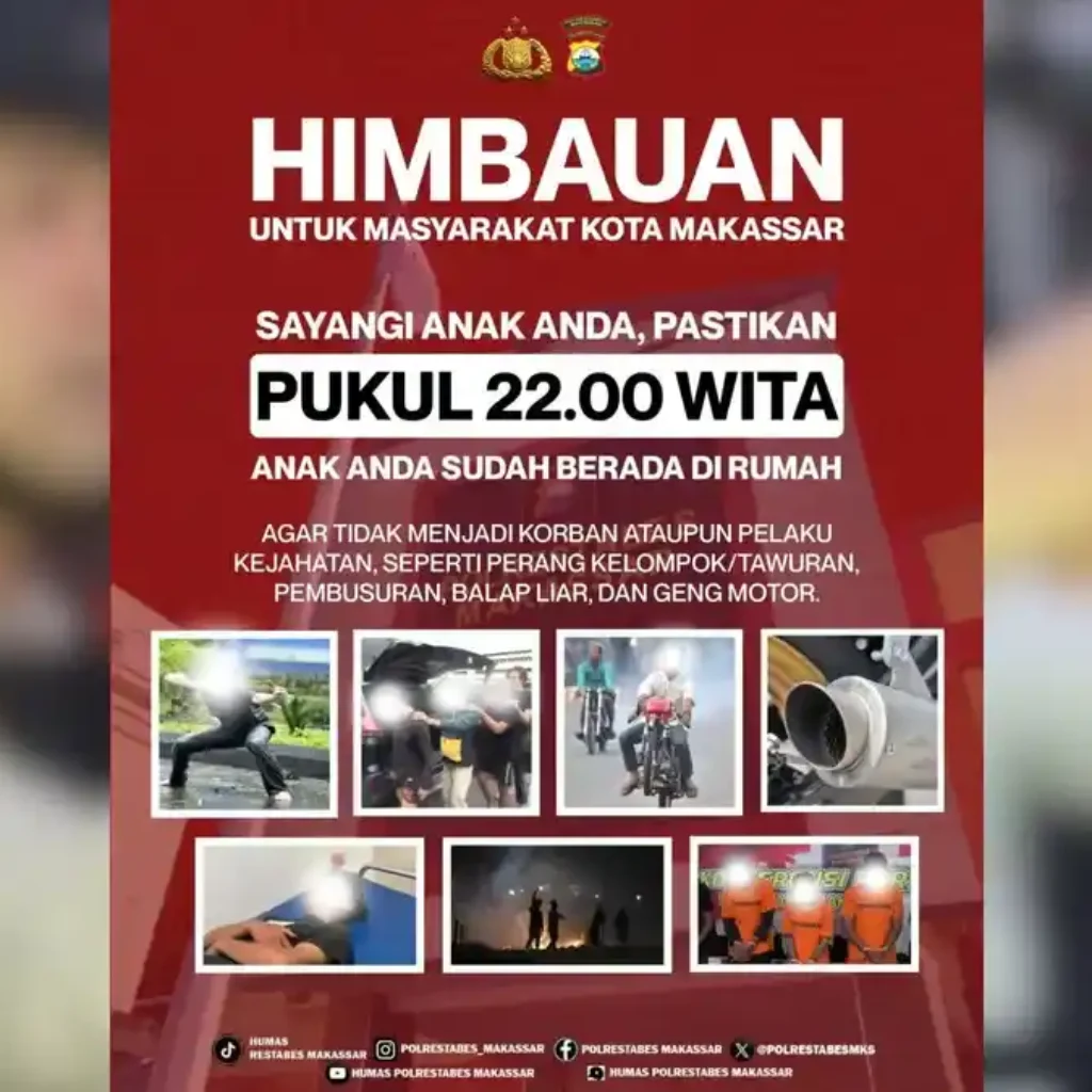 Polrestabes Makassar Imbau Jam Malam 22.00 WITA, Orang Tua Diminta Pastikan Anak di Rumah