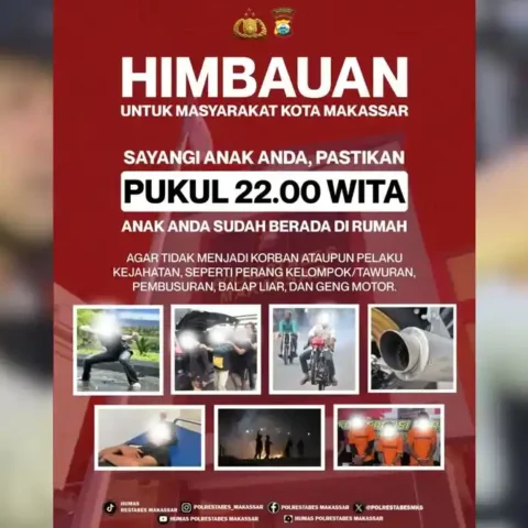 Polrestabes Makassar Imbau Jam Malam 22.00 WITA, Orang Tua Diminta Pastikan Anak di Rumah 20 Flyer imbauan Polrestabes Makassar agar anak di rumah pukul 22.00 WITA demi cegah tawuran dan balap liar