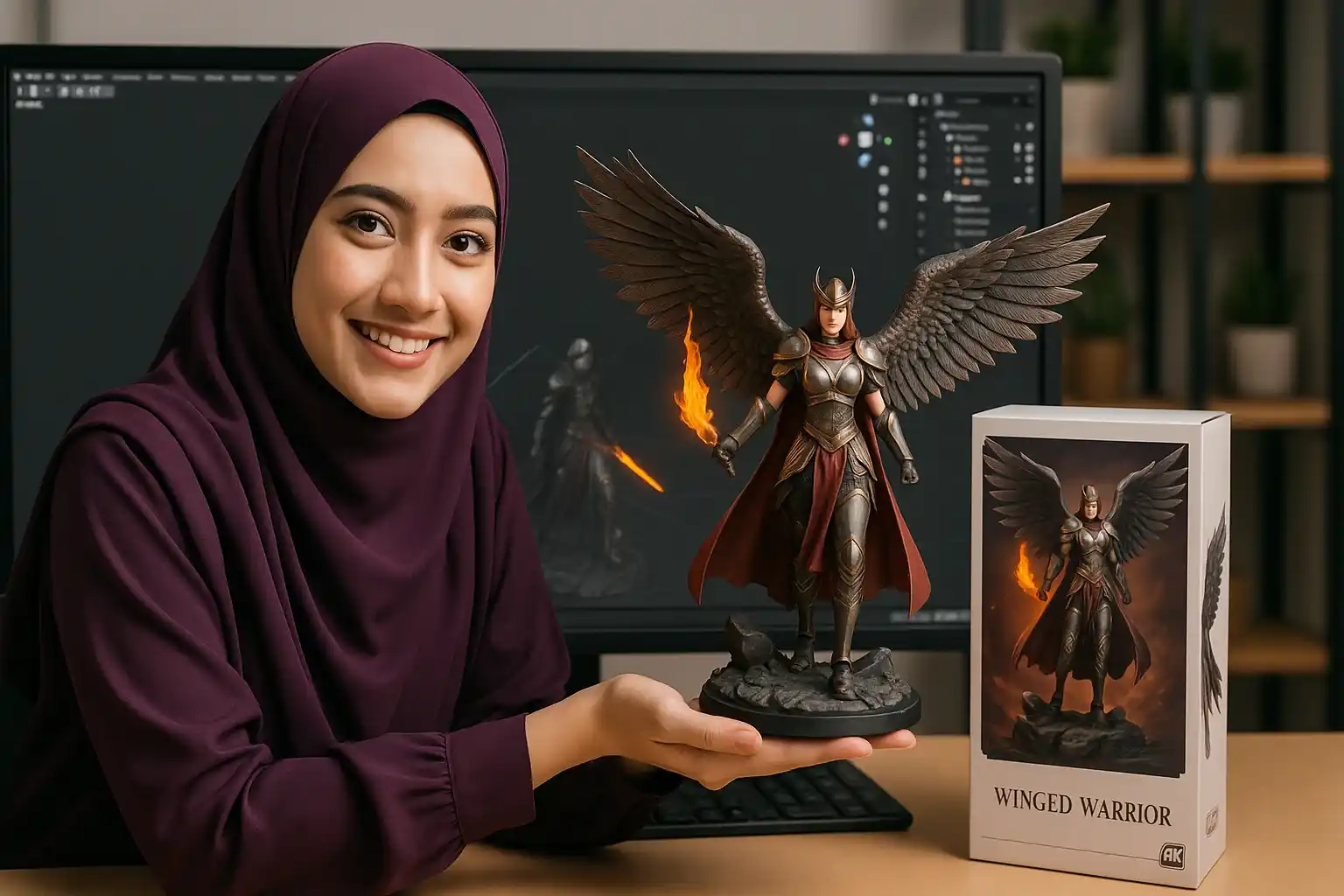 Perempuan berhijab menampilkan figur prajurit bersayap ber-armor dengan obor api, di depan monitor 3D dan boks kemasan. Prompt Gemini AI Miniatur.
