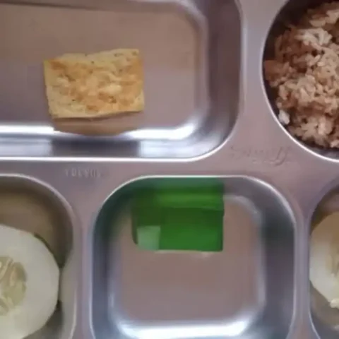 Dapur MBG di Makassar Tutup, Ratusan Siswa Terdampak dan Puluhan Pekerja Kehilangan Nafkah 24 Baki makan program MBG berisi nasi, dua irisan mentimun, potongan kue, dan agar hijau; ilustrasi dampak dapur MBG di Makassar tutup, Rabu, 01/10/2025.