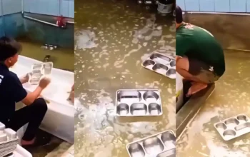 Tangkapan layar video nampan MBG dibilas di air menggenang di Cipatat