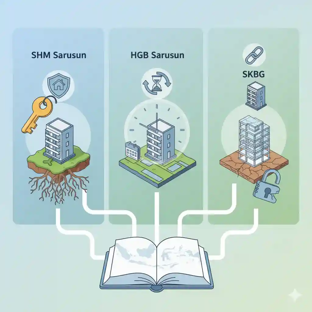 Kepemilikan Apartemen di Indonesia: Benarkah Bisa Dimiliki Penuh atau Hanya Sewa 3 ilustrasi infografis jenis sertifikat apartemen di Indonesia menampilkan SHM Sarusun, HGB Sarusun, dan SKBG dengan simbol kunci, jam, dan gembok.