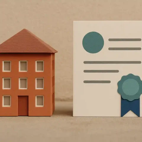 Kepemilikan Apartemen di Indonesia: Benarkah Bisa Dimiliki Penuh atau Hanya Sewa 14 ilustrasi realistis sertifikat kepemilikan apartemen di Indonesia menampilkan miniatur gedung dan dokumen sertifikat properti.