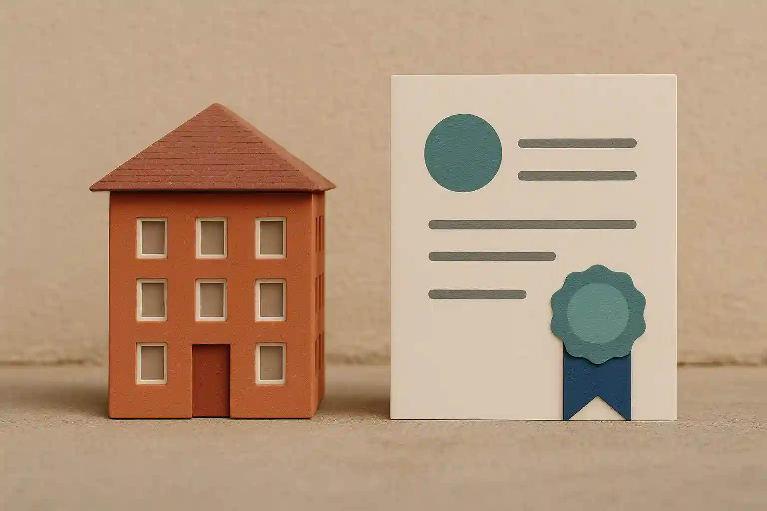 Kepemilikan Apartemen di Indonesia: Benarkah Bisa Dimiliki Penuh atau Hanya Sewa 1 ilustrasi realistis sertifikat kepemilikan apartemen di Indonesia menampilkan miniatur gedung dan dokumen sertifikat properti.