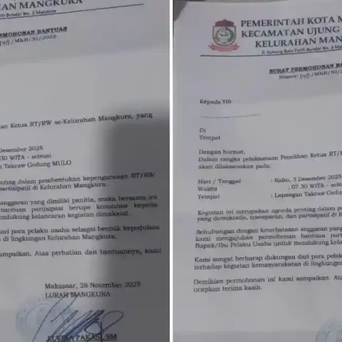 Surat resmi Lurah Mangkura berkop Pemerintah Kota Makassar berisi permohonan bantuan konsumsi Pemilihan Ketua RT RW yang beredar di masyarakat.