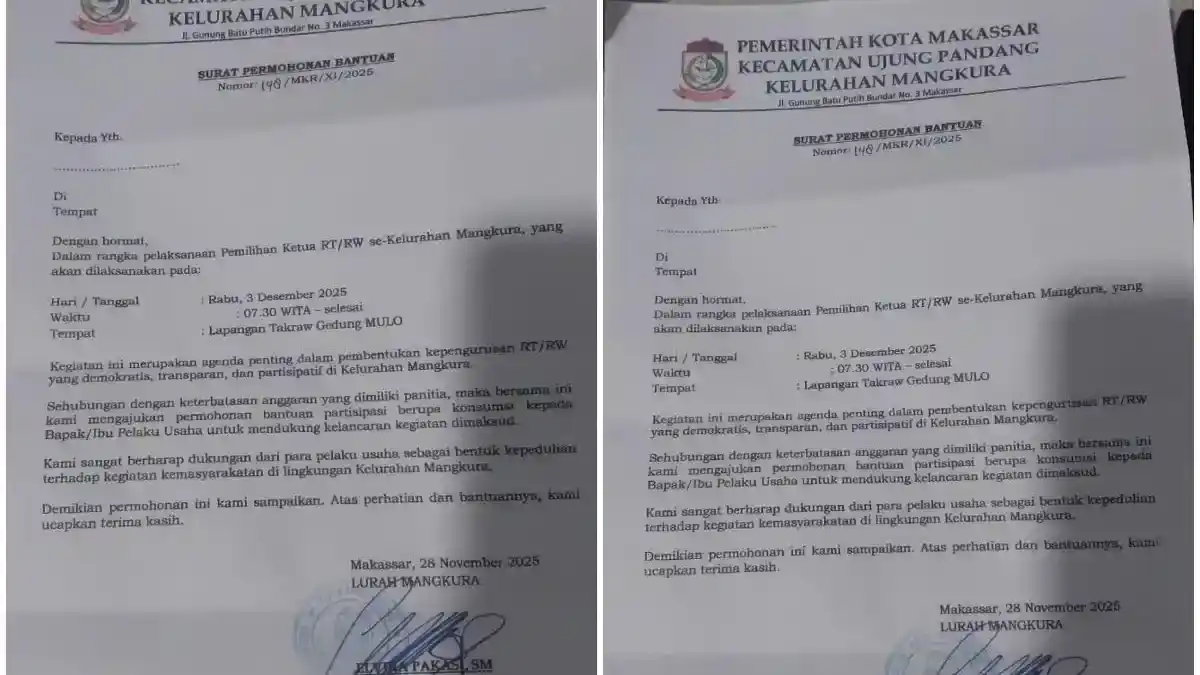 Viral Surat Lurah Mangkura Bantuan Konsumsi Pemilihan Ketua RT RW Disorot Warga 2 Surat resmi Lurah Mangkura berkop Pemerintah Kota Makassar berisi permohonan bantuan konsumsi Pemilihan Ketua RT RW yang beredar di masyarakat.