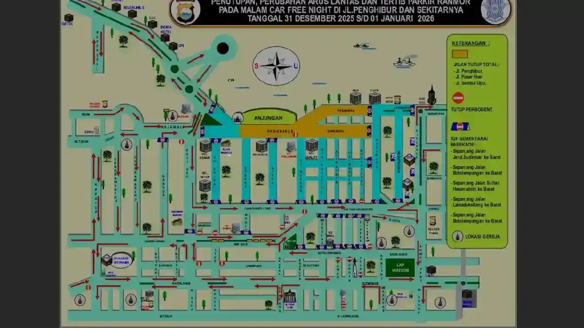 Daftar 8 Jalan Ditutup di Makassar pada 31 Desember 2025, Akses Losari dan CPI Diatur 3 Peta penutupan jalan Makassar malam tahun baru 31 Desember 2025 Losari CPI