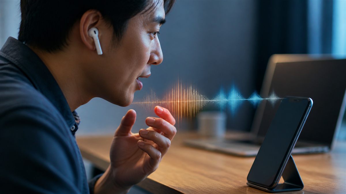 Ilustrasi realistis percakapan suara AI dua arah secara full-duplex