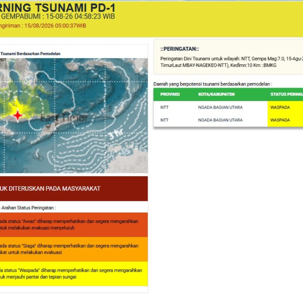 BMKG Terbitkan Peringatan Dini Tsunami NTT, Gempa M 7,0 Terasa Hingga Makassar