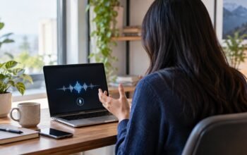 Ilustrasi percakapan suara dua arah dengan GPT-Live di laptop