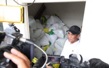 Menteri Pertanian Andi Amran Sulaiman memeriksa beras SPHP di Jakarta