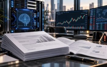 Ilustrasi dokumen prospektus IPO, sistem kecerdasan buatan, dan risiko pasar