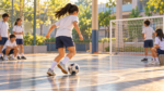 Ilustrasi siswi sekolah menggiring bola di lapangan futsal tanpa menampilkan identitas