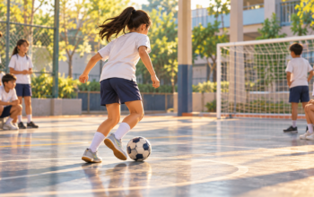 Ilustrasi siswi sekolah menggiring bola di lapangan futsal tanpa menampilkan identitas