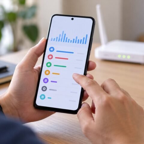 Ilustrasi pengguna memeriksa penggunaan data aplikasi di ponsel