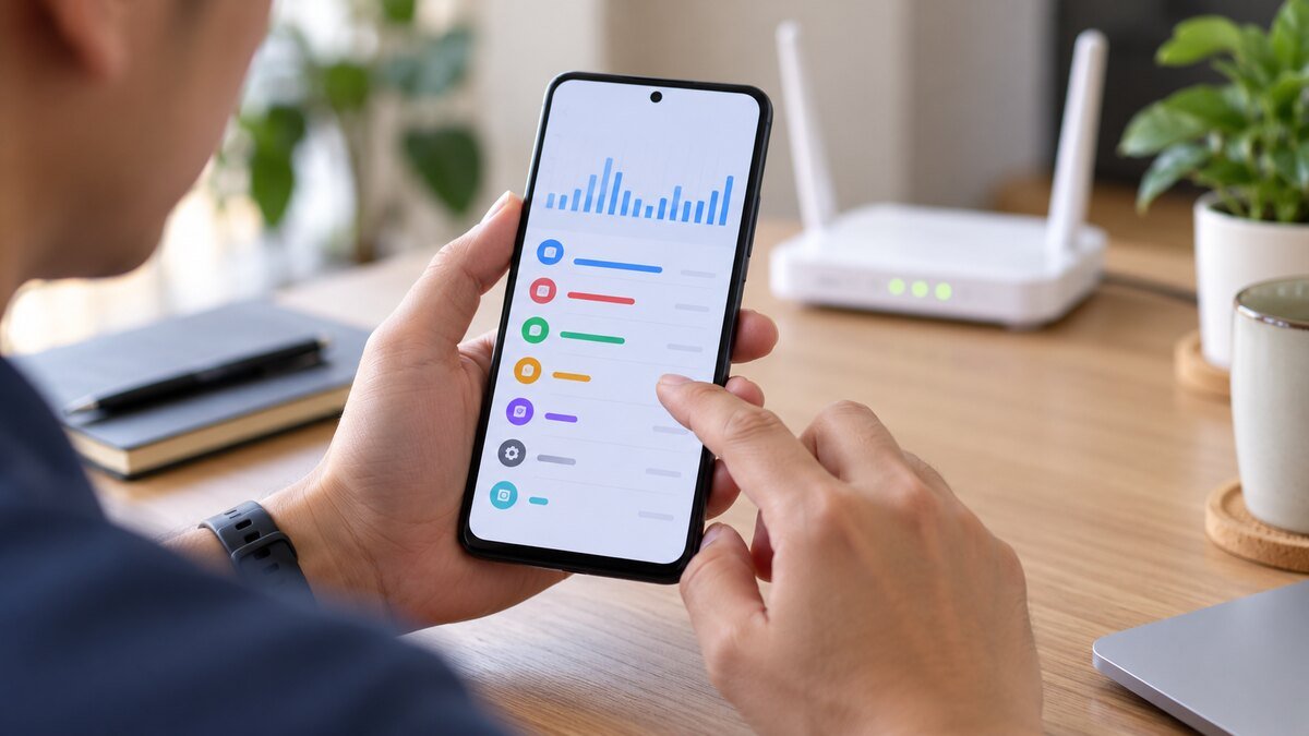 Cara Cek Aplikasi Boros Kuota di Android dan iPhone 1 Ilustrasi pengguna memeriksa penggunaan data aplikasi di ponsel