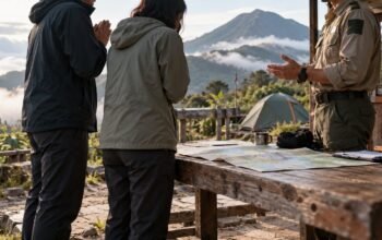 Ayah Balita di Gunung Prau Minta Maaf, Akui Lalai Menjaga Anak 5 Ilustrasi pembicaraan pendaki dengan petugas basecamp
