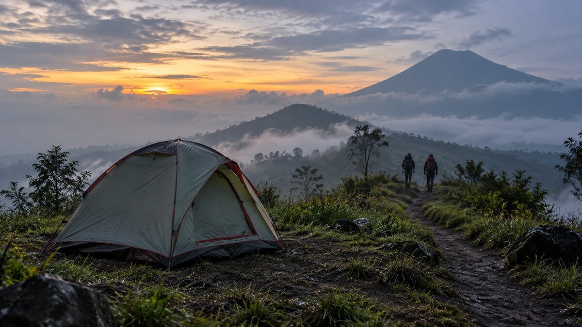 Balita Menangis di Tenda Gunung Prau, Pendaki Lain Datang Menolong 1 Ilustrasi tenda dan pendaki di kawasan pegunungan
