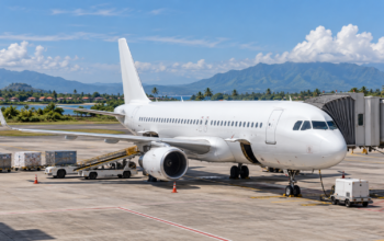 Ilustrasi pesawat penumpang di apron bandara