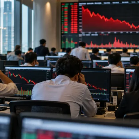 IHSG Anjlok 2,59% ke 5.936, Asing Jual Neto Saham Bank 11 Ilustrasi ruang perdagangan saham saat indeks bergerak turun