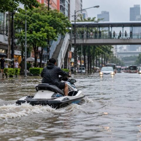 Pria Thailand Dihukum setelah Naik Jet Ski di Jalan Banjir Bangkok 10 Ilustrasi seorang pria mengendarai jet ski di jalan yang terendam banjir di Bangkok