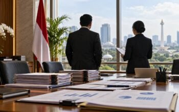 Ilustrasi pejabat anonim dan dokumen keuangan dalam ruang rapat pemerintah