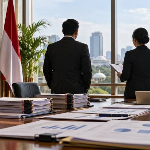 Ilustrasi pejabat anonim dan dokumen keuangan dalam ruang rapat pemerintah