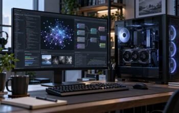 Komputer desktop tanpa merek yang menjalankan visualisasi jaringan AI