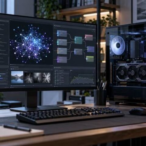 Komputer desktop tanpa merek yang menjalankan visualisasi jaringan AI