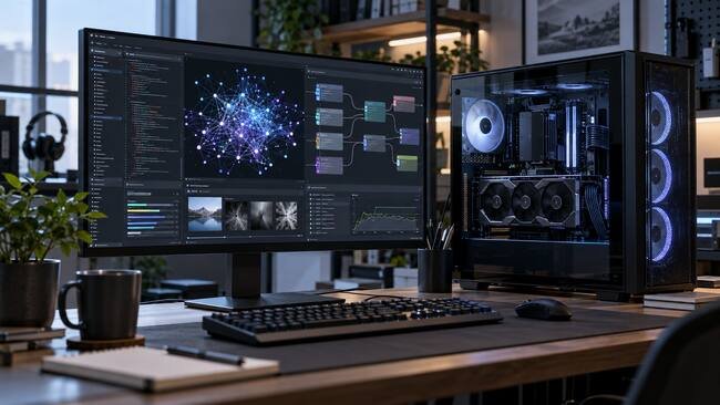 Nvidia Rilis Nemotron 3.5 untuk Agen AI Lokal, Ini Tiga Modelnya 1 Komputer desktop tanpa merek yang menjalankan visualisasi jaringan AI
