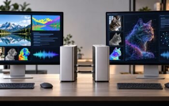 Meta Rilis Muse Spark Open, Model AI 816 Miliar Parameter 3 Ilustrasi dua komputer desktop menjalankan model AI Muse Spark Open secara lokal