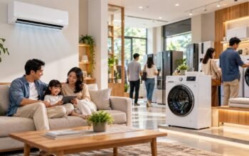 Ilustrasi keluarga di ruang pamer dengan AC dan mesin cuci hemat energi