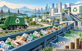 Ilustrasi kendaraan pengangkut sampah dan fasilitas daur ulang