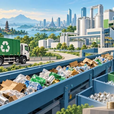 Ilustrasi kendaraan pengangkut sampah dan fasilitas daur ulang