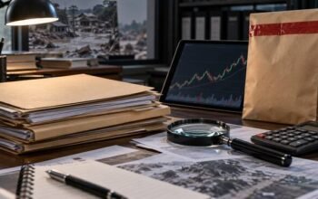Dokumen pengadaan, kaca pembesar, kalkulator, dan grafik saham generik
